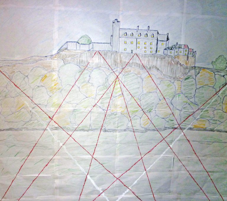 Sketch of Stirling Castle with fracture lines to make a into quilt