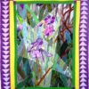 Fractured landscape quilt of two irises on a wooded background framed in a traditional Flying Geese border using purple-hued fabrics