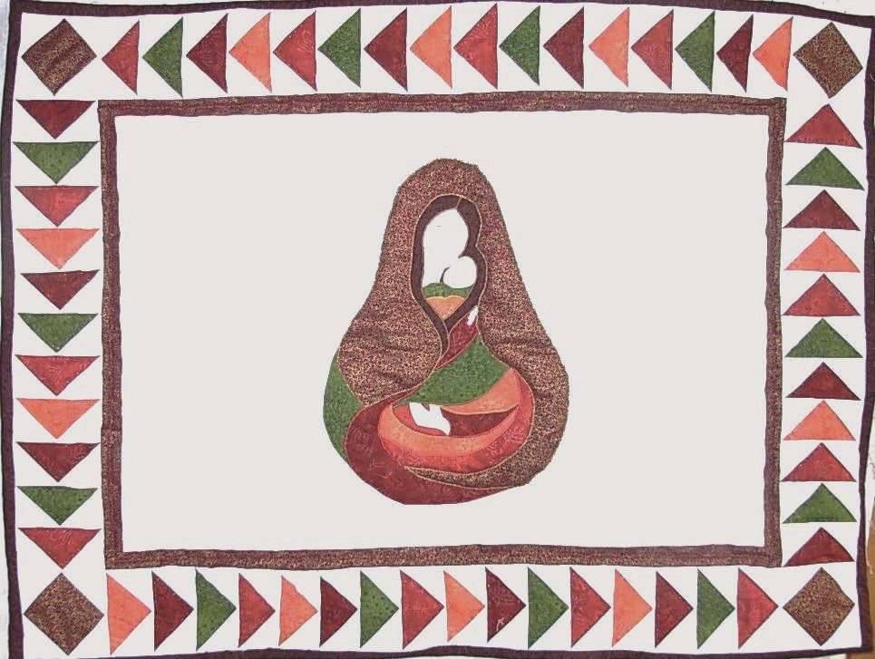 Madonna and child quilt with traditional Running Geese border depicted in bright fall colours