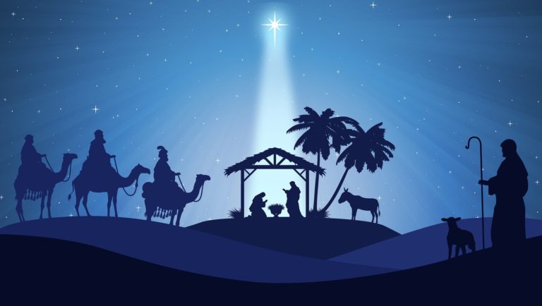 Star of Bethlehem shining on a blue-tinted manger scene with shepherd and Wise-men