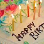 Birthday cake with lighted candles