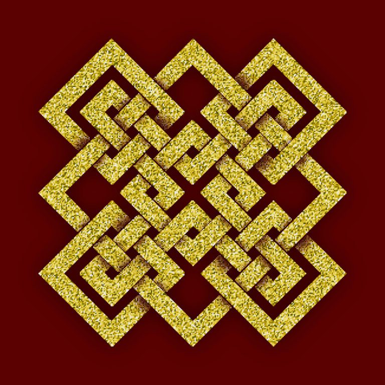 Square design of gold Celtic knots on a burgundy coloured background