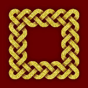 Square of gold Celtic knots on a burgundy background