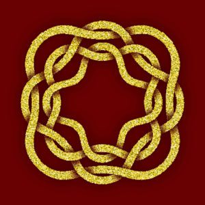 Gold Celtic knots woven into a circle design against a burgundy background