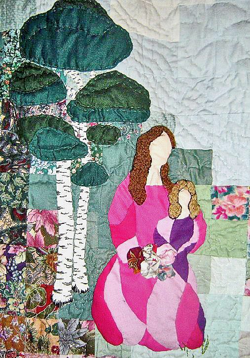 Quilt of a mother and daughter under a birch tree