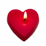Heart shaped candle with a glowing flame.