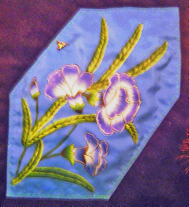 Blue and purple floral design painted on fabric