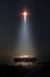 A bright and large star shines brightly, blessing baby Jesus in the manger of the stable.