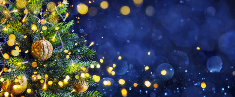 Merry Christmas - Tree In Th Snowy Night With Defocused Lights In Glittering Background