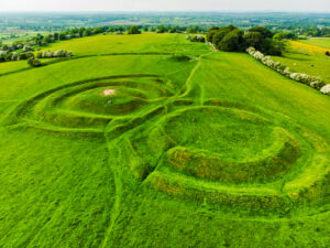 Aerial view of the Hill of Tara, an archaeological complex, containing a number of ancient monuments and, according to tradition, used as the seat of the High King of Ireland, County Meath, Ireland