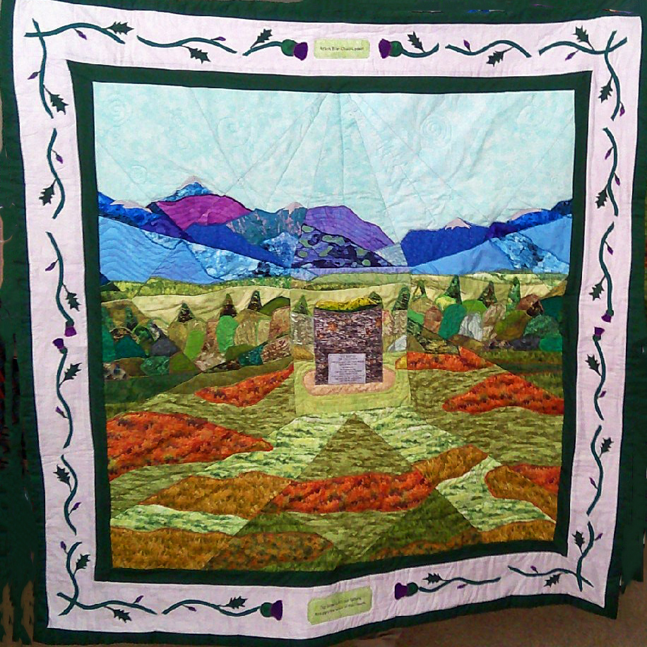 Fractured landscape quilt of Culloden depicting the Memorial Cairn from the Battlefield
