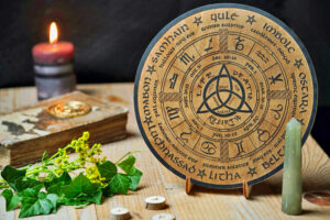 Atmospheric still life featuring a wooden Wheel of the Year engraved with the eight Celtic festivals. evoking a mystical, spiritual ambiance.