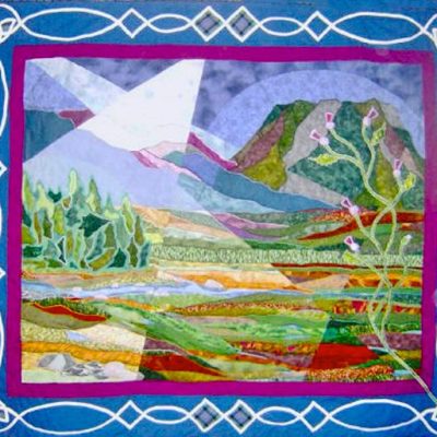 Fractured landscape quilt of Rannoch Moor with Celtic knot border