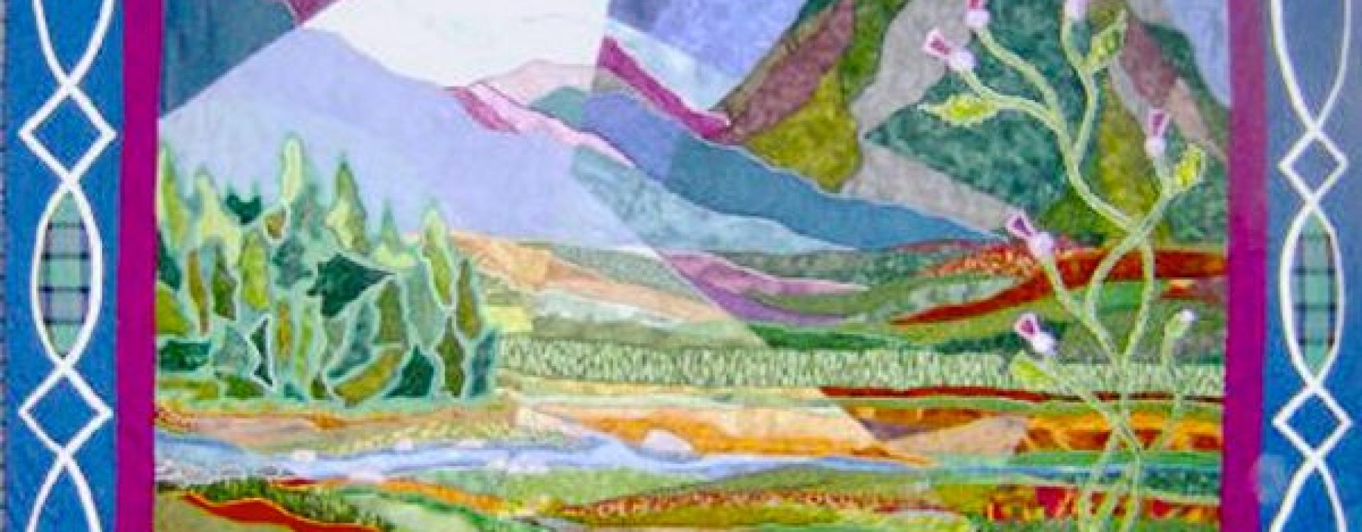 Fractured landscape quilt of Rannoch Moor with Celtic knot border