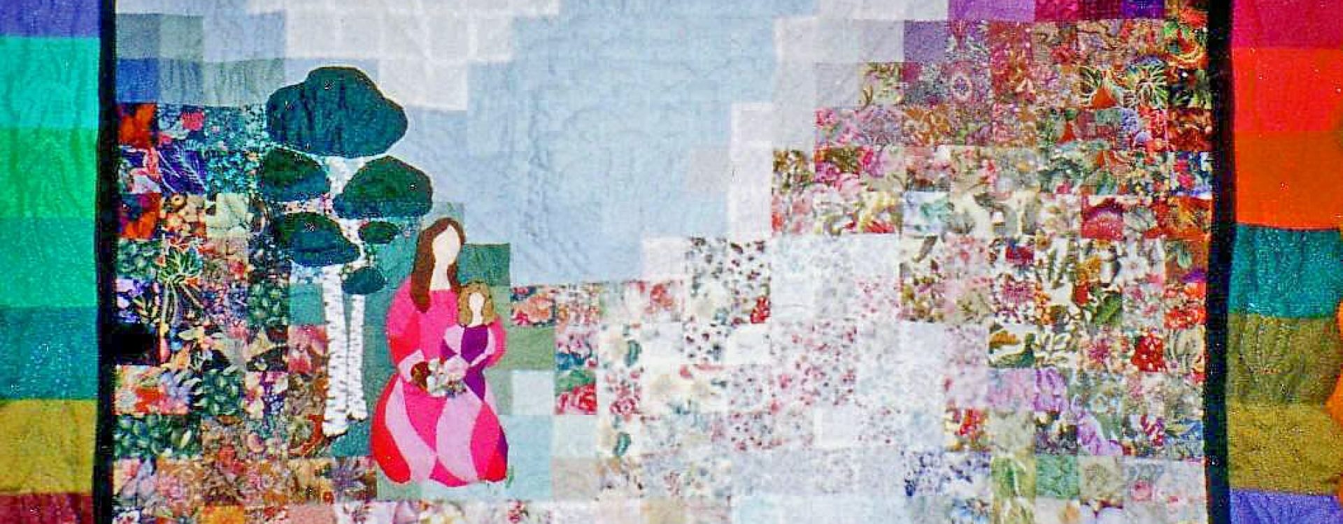 Watercolour quilt of a mother and daughter against a multi hued background of squares