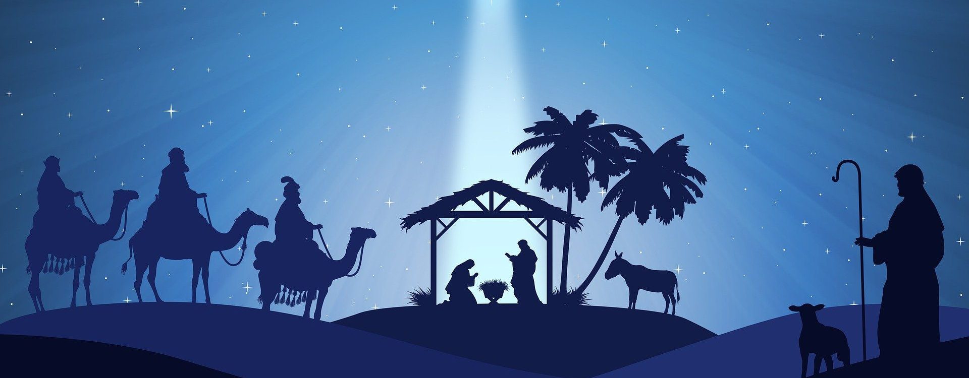 Star of Bethlehem shining on a blue-tinted manger scene with shepherd and Wise-men