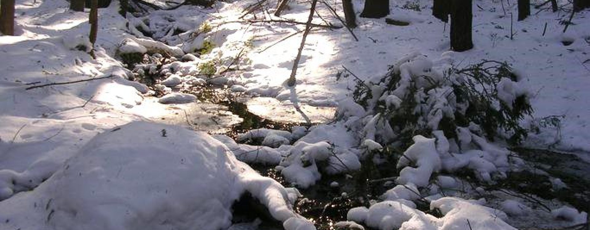 Sunshine on an icy winter stream running thru the woods